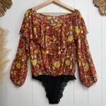 Free People bodysuit floral ruffled long sleeve bell sleeve polka dot chiffon XS Photo 0