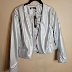 Allegra K  Silver Faux Leather Collarless Open Front PU Moto Biker Crop Blazer Photo 0