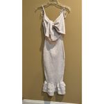 Mable Smocked Midi Dress Small Beige Floral Tie Shoulder Cutout Ruffle Hem Tan Photo 5