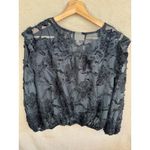 MELLODAY Black Textured V-Neck Tie Blouse Size L Long Sleeve Ruffle Shirred Cuff Photo 5