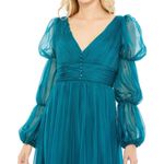 Mac Duggal 68254 Teal Chiffon Ruched Tiered Puff Sleeve A Line Midi Dress Photo 1