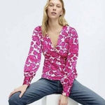 J.Crew satin-backed crepe V-neck long-sleeve fuchsia floral print buttons blouse Photo 0