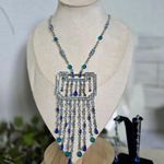 Vintage Art Deco Vibes Silver and Blue Crystal Necklace and Earrings Set Photo 0