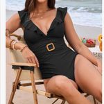 None NEW Black Ruffle V Neck Backless Bandage Belt 1 Pc Swimsuit L Photo 7