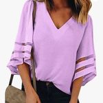 Women's Off Shoulder 3/4 Bell Sleeve Chiffon Blouse Mesh Tops Casual Mesh Red Size L Photo 0