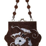 Vintage Brown Hand Beaded Floral Evening Purse Satin Lined Kiss Lock Bag, Small Photo 0