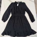 Loft NWT Clip Godet Mini Flare Dress Women’s 8 Black Ruffle Collar V-Neck Chic Photo 0