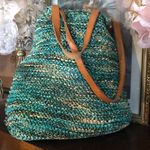 LINDA'S ORIGINAL GREEN, AQUA & TAN STRAW WITH LEATHER STRAPS LARGE TOTE BAG Multiple Photo 5