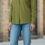 LL Bean Womens Button Down Olive Green Brushed Suede Long Sleeve Size Large Photo 0