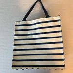 Small Striped Canvas Tote Bag snap closure beige and navy stripes Blue Photo 2