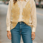 Melanie Barnhart Cream Sheer Embroidered Blouse‎ Size Small Gold Design Photo 0