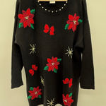 Beaded Poinsettia Christmas Sweater 1X Black Embellished Holiday Knit Top Photo 0