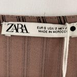 ZARA New  Ruffled Ruched Dress V-Neck Short Sleeve Midi Brown Stripe Photo 14