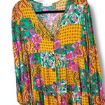 Ces Femme NWOT Boutique Bohemian Button Long Sleeve Tiered Flowy Mini Dress Green Photo 1