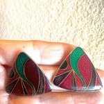Red green and brown triangle post earrings Photo 2