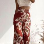 ZARA Womens Pants Red Floral Wide Leg Linen Blend Pleated Trouser Boho Small Photo 0