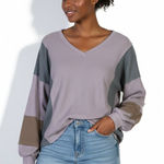 Andree by Unit Andrée by Unit Colorblock Top Womens L Purple V-Neck Waffle Knit Patchwork Boho Photo 0