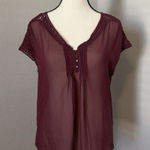Candie's Sheer Burgundy Crochet Trim Blouse M Boho Button Front Detail Top Photo 0