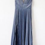 Mac Duggal Pleated Metallic V-Neck Maxi Gown in Royal Silver Photo 0