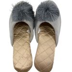 Womens Gray Velvet Quilted Slippers With Faux Fur Pom Photo 1