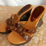 Qupid  6.5 Wooden Boho Braded Strap Sandals in Cognac Photo 0