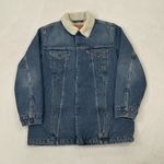 Levi's Levi’s Premium Blue Denim Sherpa Snap Button Long Trucker Jean Jacket Unisex S Photo 0