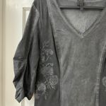 XCVI  Sz L Embroidered Boho Gothic Mixed Media V Neck Tunic Dress Charcoal Gray Photo 2