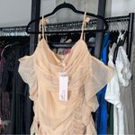 Oh Polly  Tie Shoulder Mesh Ruched Mini Dress in Sand Photo 2