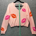 Witty Fox Pink Lips Print Long Sleeve V Neck Pullover Knit Sweater XL Photo 4