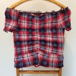 Almost Famous Plaid Red Blue White Off Shoulder Photo 0