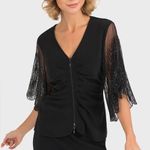 Joseph Ribkoff Sequin Beaded V Neck Sheer Flare Sleeve Zip Blouse Jacket Top Photo 0