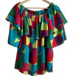 Ashley Stewart Women Top 3X Vibrant Rainbow Abstract Geometric Ruffle Collar Photo 0