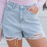 Pink Lily Stand Out Light Wash Distressed Denim Shorts Photo 0