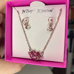 Betsey Johnson Pink Lips Necklace and Faux Pearl Earrings Set Rose Gold Tone NWT Photo 0