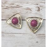 Vintage Clip On Earrings Unusual Triangle Shape Gold Tone & Dark Pink Photo 1