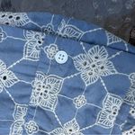 ZARA  Women's Large Light Blue White Geometeic Floral Embroidered Deep V Neck Top Photo 7