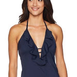 Michael Kors navy plunge neck ruffle bikini top. Photo 0