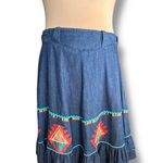 Vintage Handmade Southwest Denim Skirt Tiered Ruffle Hem Abstract Art Appliqué Blue Size L Photo 12