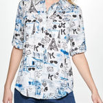 Karl Lagerfeld  PARIS Printed Long‎ Roll-Tab Sleeve Collared Button Up Top Small Photo 0