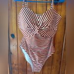 Kona Sol ‎ one piece striped swimsuit orangish brown white size Large Photo 1