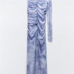 ZARA  One Sleeve Asymmetrical Tulle Mesh Lined Midi Dress Blue Photo 4