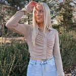 Collared Long Sleeve Ruched Button Down Tan Photo 0