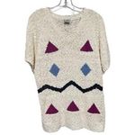 None Y2K 90’s Women's Short Sleeve V-Neck Ribbed Knit Abstract Print Sweater White Si Photo 0