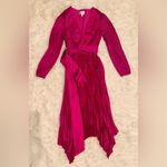 Milly NWOT  Liora Long Sleeve Pleated Satin Bright Pink Midi Dress sz 0 Photo 4