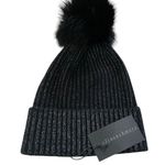 Sofia cashmere ribbed black metallic fox fur pom cashmere beanie hat one size Photo 0