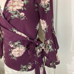 Timing Burgundy floral wrap top, ladies small bell flare sleeve V-neck bohemian blouse Photo 3