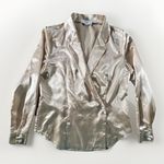 Rihoas Satin‎ Wrap Blouse Small Gold Long Sleeve Button Cuff Collared Dressy Top Photo 0