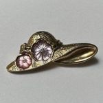 1928 Brand Rhinestone Gold Tone Hat With Pink & Purple Flowers Brooch Pin Photo 5