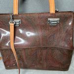 Paisley Print Tote Bag Detachable Shoulder Straps Brown Leather Silver Accents Photo 4