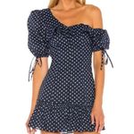 Majorelle Sonia Mini Dress in Blue Dot Ruffle Puff Sleeve Polka Dot Size Medium Photo 0